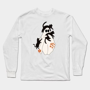 Retro Vintage Cute Flowers Spooky Ghost With Black Cats Halloween Long Sleeve T-Shirt